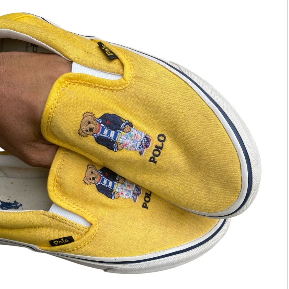 Ralph Lauren Keaton Slip SK SPO Yellow White Mens Casual Bear Slip-On Size 9